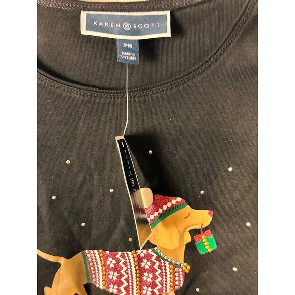 Karen Scott PMed Black Long Sleeve Top With Festive Dachshund Christmas Design - Picture 2 of 10